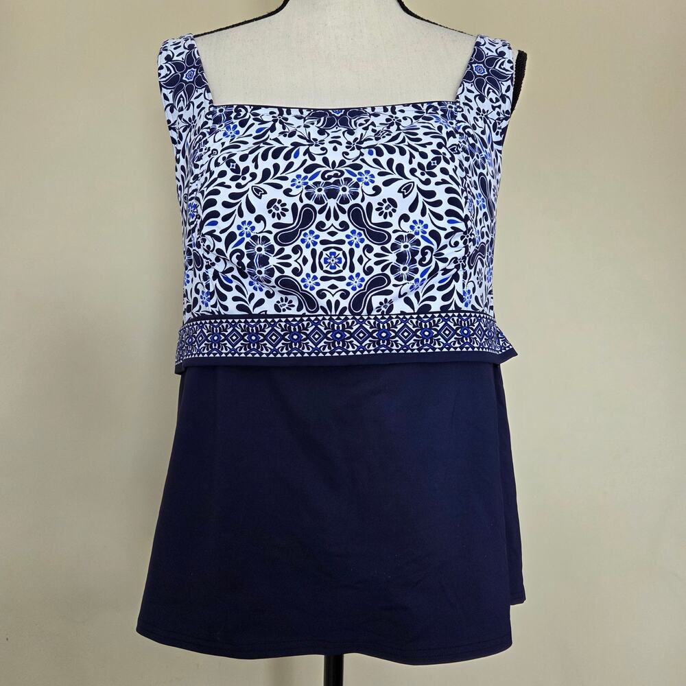 NWT Lands' End 18W Tankini Swim Top Underwire Square Neck Blue Floral - Picture 1 of 15